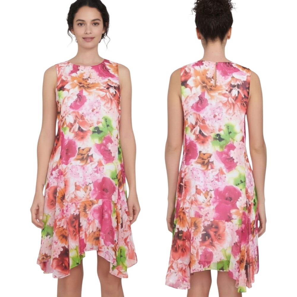 CECE "Summer Tropics" Floral Print Chiffon Handkerchief Midi Dress - Size12